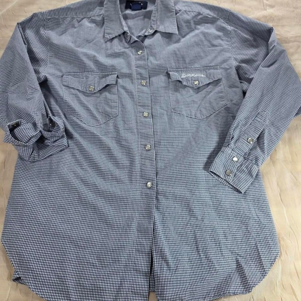 Dockers Womens Blue Gingham Western Pearl Snap Long Sleeve Cotton Shirt Size M